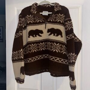 Old Navy Brown and Cream Bear Pattern Zip-Up Sweater